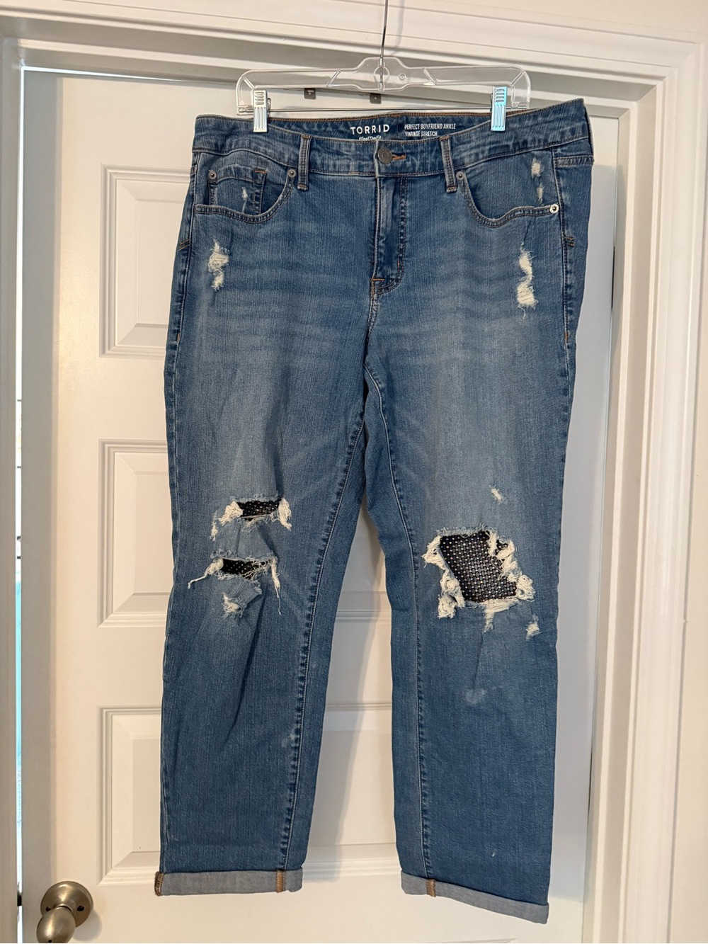 torrid medium blue distressed boyfriend jeans with patched knees